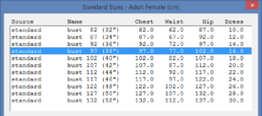 Standard sizes